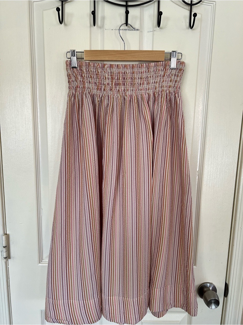 Marine Layer Smocked Midi Skirt Striped Tencel Pink Orange M